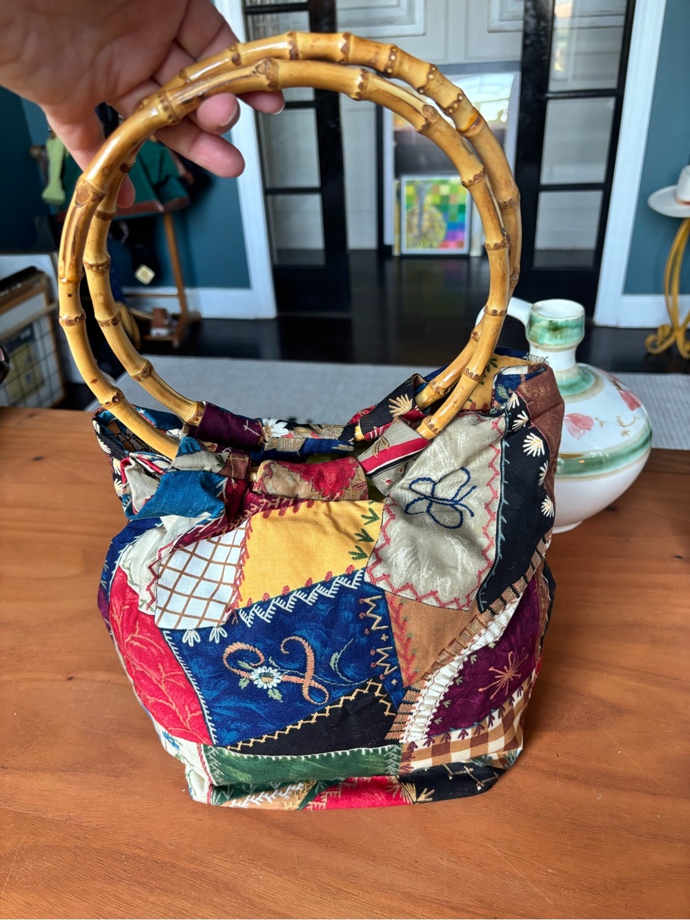 Vintage J. Crew Y2K Patchwork Bamboo Handle Bag Boho Fabric Purse Celtic Knot